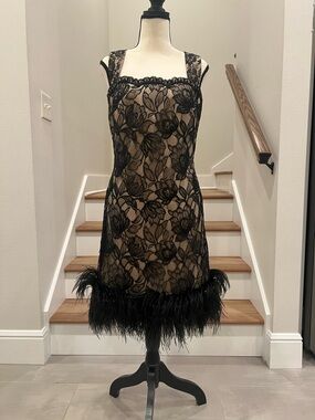 Black Lace & Nude Slip Feather-Hem Cocktail Dress